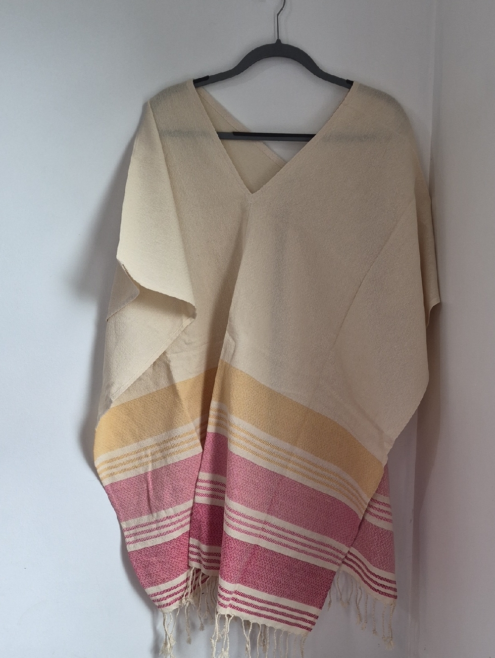 ribe alive Cream Poncho with Pink and Yellow Stripes